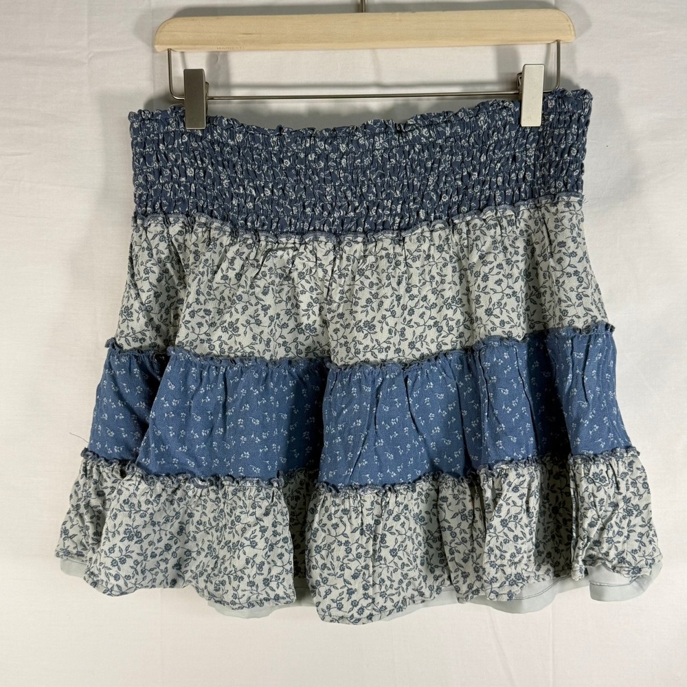 American Eagle‎ Size L Blue Floral Mixed Print Tiered Flouncy Lined Mini Skirt